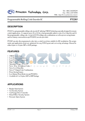 PT2283-S datasheet - Programmable Rolling Code Encoder IC