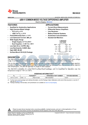 INA148QDRQ1 datasheet - a200-V COMMON-MODE VOLTAGE DIFFERENCE AMPLIFIER