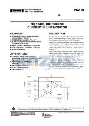 INA170 datasheet - High-Side, Bidirectional CURRENT SHUNT MONITOR