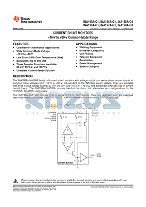 INA194A-Q1 datasheet - CURRENT SHUNT MONITORS 16-V to 80-V Common-Mode Range