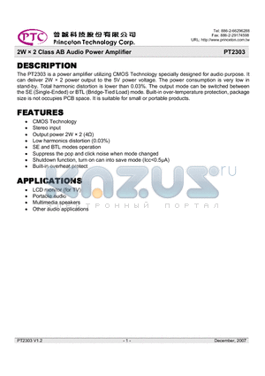 PT2303-S datasheet - 2W  2 Class AB Audio Power Amplifier