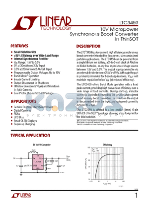 LTC3459 datasheet - 10V Micropower Synchronous Boost Converter in ThinSOT