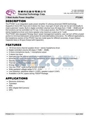 PT2301-A datasheet - 1 Watt Audio Power Amplifier