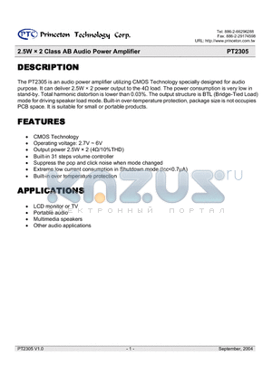 PT2305L datasheet - 2.5W  2 Class AB Audio Power Amplifier