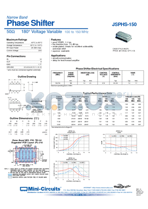 JSPHS-150 datasheet - Narrow Band Phase Shifter 50ohm 180 Voltage Variable 100 to 150 MHz
