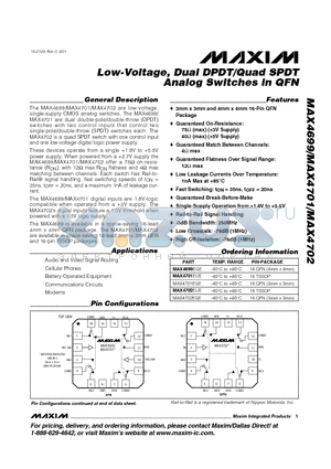 MAX4701EUE datasheet - Low-Voltage, Dual DPDT/Quad SPDT Analog Switches in QFN