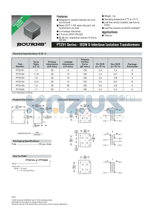 PT231 datasheet - ISDN S-Interface Isolation Transformers