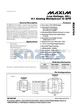 MAX4704EGC datasheet - Low-Voltage, 60Y,4:1 Analog Multiplexer in QFN