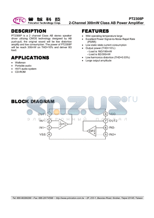 PT2308P datasheet - 2-Channel 300mW Class AB Power Amplifier