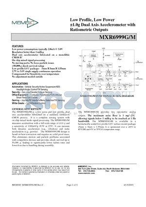 MXR6999M datasheet - Low Profile, Low Power a1.0g Dual Axis Accelerometer with Ratiometric Outputs