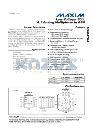 MAX4704EUB datasheet - Low-Voltage, 60Y, 4:1 Analog Multiplexer in QFN