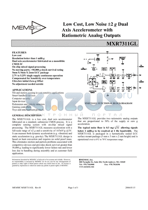 MXR7311GL datasheet - Low Cost, Low Noise a2 g Dual Axis Accelerometer with Ratiometric Analog Outputs