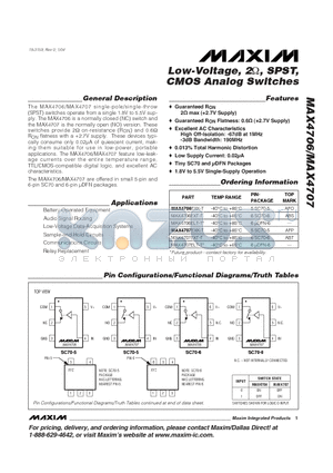 MAX4707ELT-T datasheet - Low-Voltage, 2ohm, SPST, CMOS Analog Switches