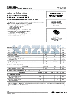 MXR9745RT1 datasheet - 31.5 dBm, 850 MHz HIGH FREQUENCY POWER TRANSISTOR LDMOS FET