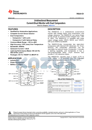 INA203AQPWRQ1 datasheet - Unidirectional Measurement Current-Shunt Monitor with Dual Comparators