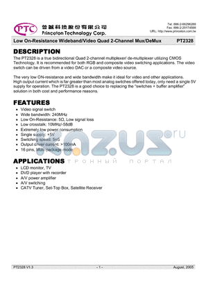 PT2328 datasheet - Low On-Resistance Wideband/Video Quad 2-Channel Mux/DeMux