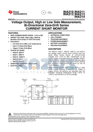 INA210AIDCKT datasheet - Voltage Output, High or Low Side Measurement, Bi-Directional Zero-Drift Series CURRENT SHUNT MONITOR