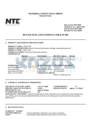 JT-004 datasheet - BUTANE FUEL CONTAINED IN J-300 & JT-004