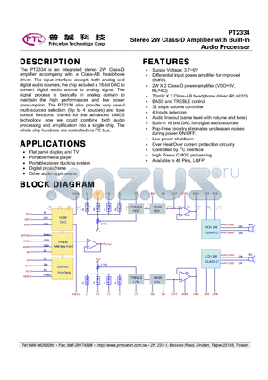 PT2334 datasheet - Stereo 2W Class-D Amplifier with Built-In Audio Processor