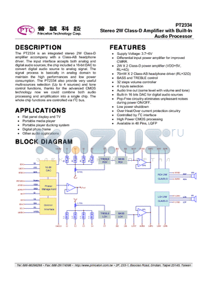 PT2334-LQ datasheet - Stereo 2W Class-D Amplifier with Built-In Audio Processor