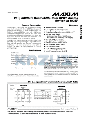 MAX4719EBC-T datasheet - 300MHz Bandwidth, Dual SPDT Analog Switch in UCSP