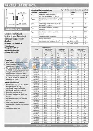 P6KE10 datasheet - Axial lead diode Unidirectional and bidirectional Transient Voltage Suppressor diodes