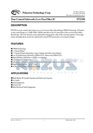 PT2350 datasheet - Tone Control Subwoofer Low Pass Filter IC