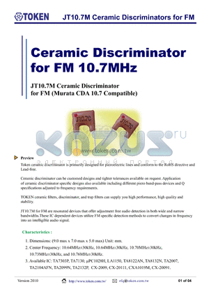 JT10.7MG18AP datasheet - JT10.7M Ceramic Discriminators for FM