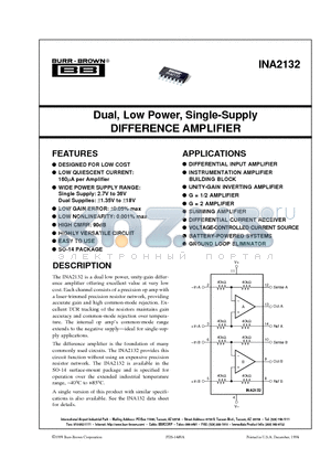 INA2132U datasheet - Dual, Low Power, Single-Supply DIFFERENCE AMPLIFIER