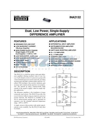 INA2132UA datasheet - Dual, Low Power, Single-Supply DIFFERENCE AMPLIFIER