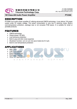 PT2366 datasheet - 1W Class-AB Audio Power Amplifier