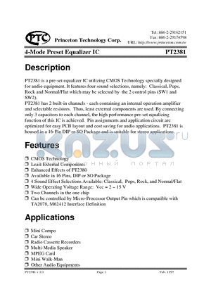 PT2381 datasheet - 4-Mode Preset Equalizer IC