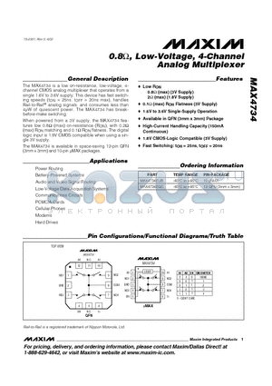 MAX4734 datasheet - 0.8, Low-Voltage, 4-Channel Analog Multiplexer