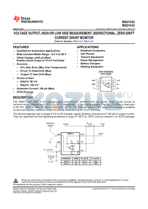 INA213A-Q1 datasheet - VOLTAGE OUTPUT, HIGH OR LOW SIDE MEASUREMENT, BIDIRECTIONAL, ZERO-DRIFT CURRENT SHUNT MONITOR