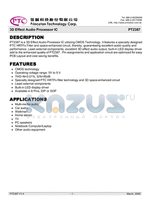 PT2387_10 datasheet - 3D Effect Audio Processor IC