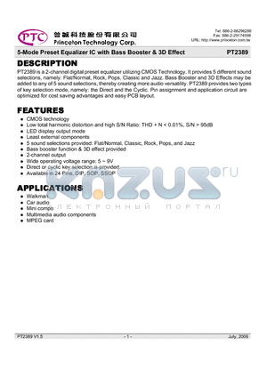 PT2389-S datasheet - 5-Mode Preset Equalizer IC with Bass Booster & 3D Effect