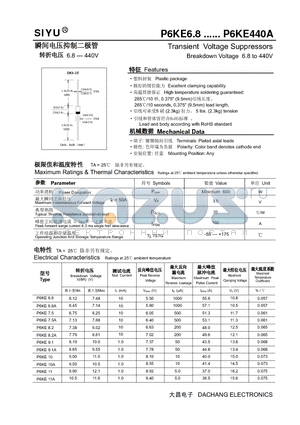 P6KE100 datasheet - Transient Voltage Suppressors Breakdown Voltage 6.8 to 440V