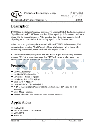 PT2396 datasheet - Digital Echo/Surround Processor IC