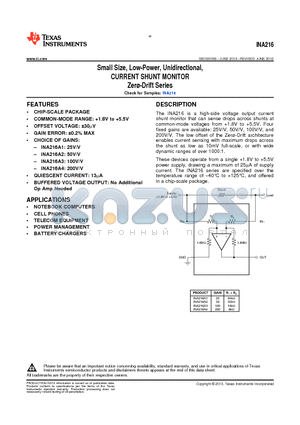 INA216A1YFFR datasheet - Small size,Low-Power, Unidirectional, CURRENT SHUNT MONITOR Zero-Drift Series