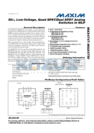 MAX4747 datasheet - 50Y, Low-Voltage, Quad SPST/Dual SPDT Analog Switches in WLP