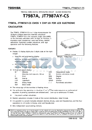 JT7987AY-CS datasheet - CMOS 1 CHIP LSI FOR LCD ELECTRONIC CALCULATOR