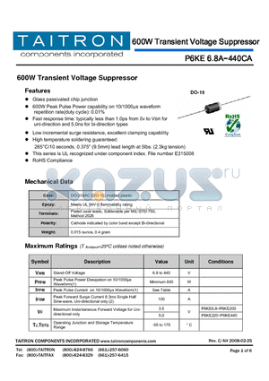 P6KE100A datasheet - 600W Transient Voltage Suppressor