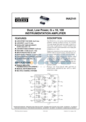 INA2141PA datasheet - Dual, Low Power, G = 10, 100 INSTRUMENTATION AMPLIFIER
