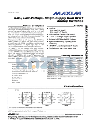 MAX4743EUA datasheet - 0.8Y, Low-Voltage, Single-Supply Dual SPST Analog Switches