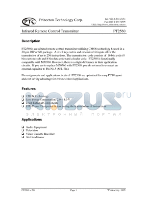 PT2560S-001 datasheet - Infrared Remote Control Transmitter