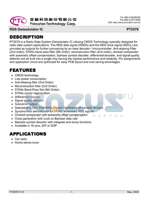 PT2579-S datasheet - RDS Demodulator IC