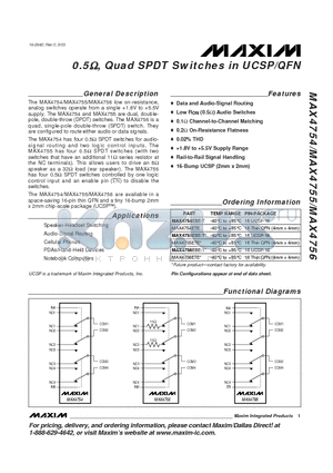 MAX4754 datasheet - 0.5-ohm, QUAD SPDT SWITCHES IN UCSP/QFN