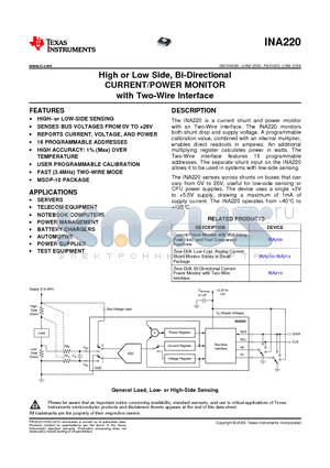 INA220 datasheet - High or Low Side, Bi-Directional CURRENT/POWER MONITOR with Two-Wire Interface