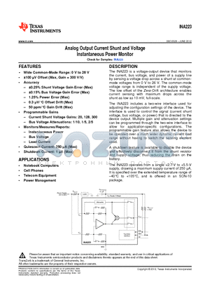 INA223 datasheet - Analog Output Current Shunt and Voltage Instantaneous Power Monitor