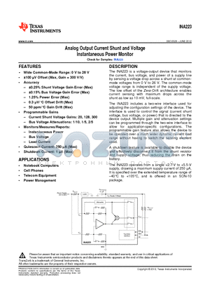 INA223AIDSKR datasheet - Analog Output Current Shunt and Voltage Instantaneous Power Monitor